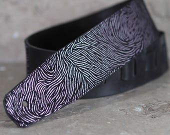 Pink Foil Fingerprint on Black Leather Guitar Strap