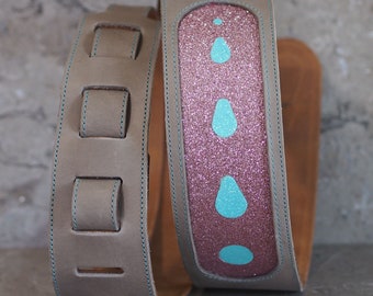 Pink with Teal Tear Drop Glitter and Gray Leather Guitar Strap