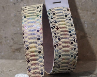 Spring Rainbow Scales or Slither on Lavender Leather Guitar Strap