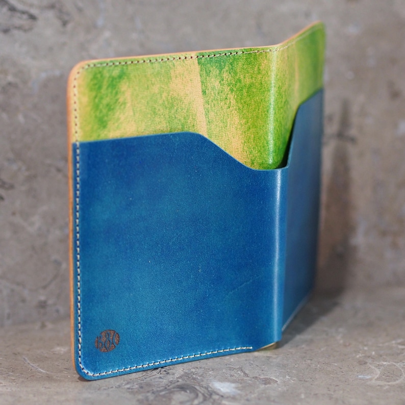 Blue & Green Leather Passport Holder Wallet image 1