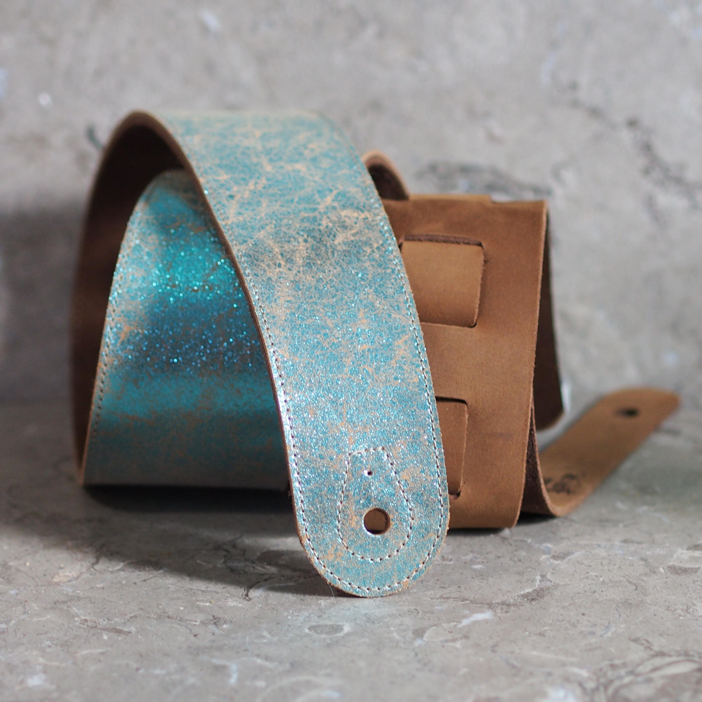 Blue Crackle Glitter over Brown Leather Guitar Strap