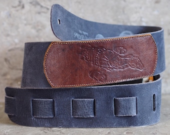 Serenity Embossed on Blue Leather Guitar Strap