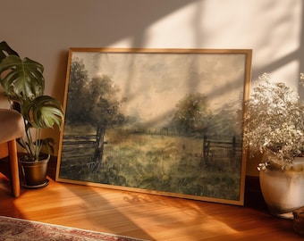 Misty Pasture at Dawn | Tonalist Watercolor Landscape Print | Vintage Rustic Countryside Wall Art | Earthy Neutral Decor | Digital Download