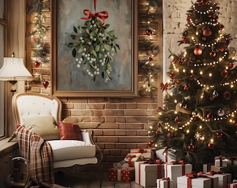 Pintura al óleo atemporal de muérdago / Arte mural navideño / Decoración navideña neutra