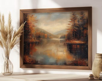 Rustic Fall Lake Landscape|Fall Vintage Art|Moody Landscape Print|PRINTABLE Wall Art| Vintage Lakeside Wall Art| Digital Download