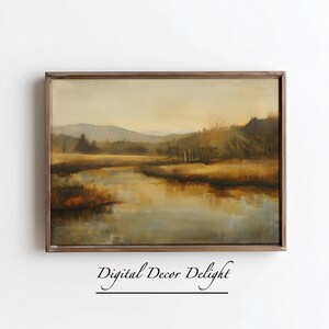 Vintage Landscape River Painting | Neutral Landscape Wall Art | Antique Oil Painting Style Printable
