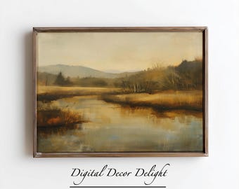 Vintage Landscape River Painting | Neutral Landscape Wall Art | Antique Oil Painting Style Printable