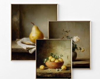 Timeless Still Life Bundle | Set of 3 Vintage Printable Art Prints | Lemon, Pear & White Floral Wall Art | Digital Download