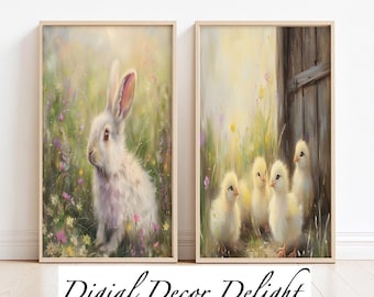 Spring Bunny and Chick Art Bundle | Vintage Easter Prints | Digital Download | Country Farmhouse Decor