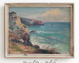 May include: An antique framed landscape painting depicts a coastal scene with cliffs, ocean waves, and a cloudy sky. The artwork features a muted color palette of blues, greens, and browns, with the text "Digital Decor Delight" at the bottom.