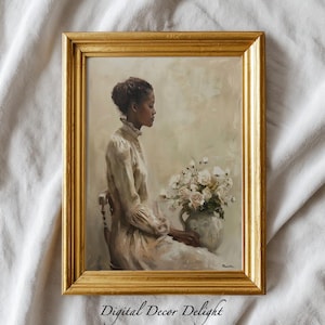 Victorian Woman Arranging Flowers | Woman Portrait | Muted Oil Painting Printable | Vintage Wall Art