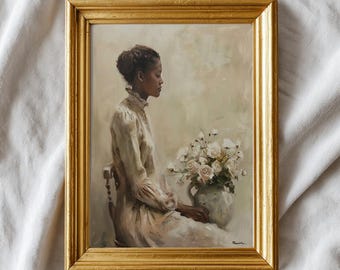 Viktorianische Frau arrangiert Blumen | Frauenportrait | Muted Ölgemälde Druckbar | Vintage Kunst