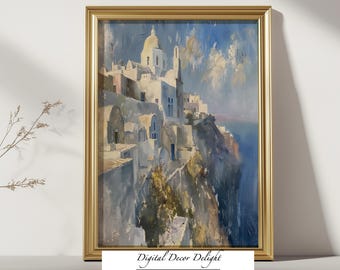 Santorini Greece Vintage Oil Painting | Mediterranean Coastal Wall Art | Printable Digital Download | Greek Island Landscape Art