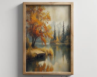 Paisaje de lago otoñal vintage/ Impresión otoñal descarga digital/ Pintura al óleo otoñal/ Descarga de impresión artística/ Arte de pared otoñal imprimible