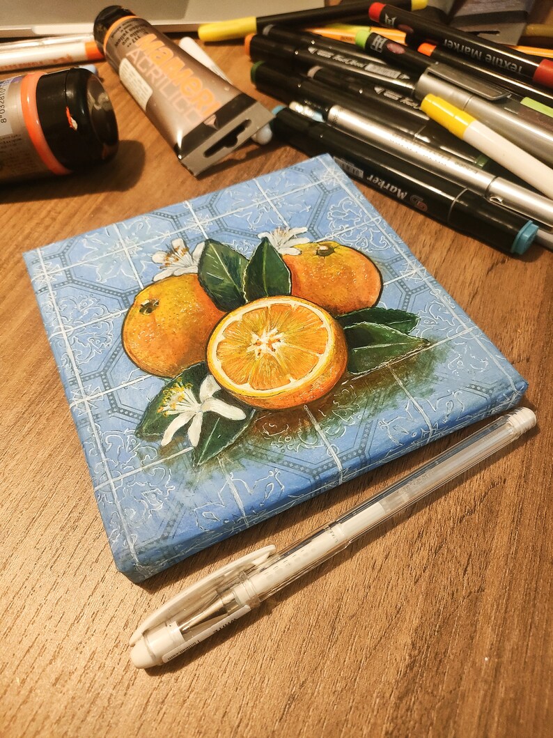 Parfum d'oranges, peinture technique mixte, nature morte avec effet carrelage image 3