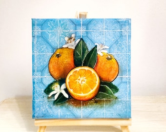 Parfum d'oranges, peinture technique mixte, nature morte avec effet carrelage