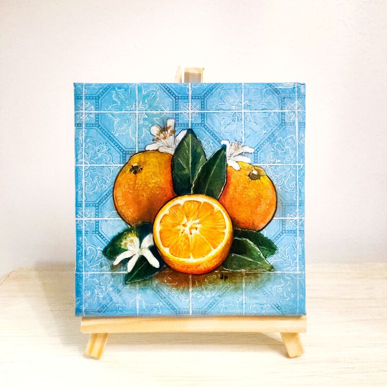 Parfum d'oranges, peinture technique mixte, nature morte avec effet carrelage image 1