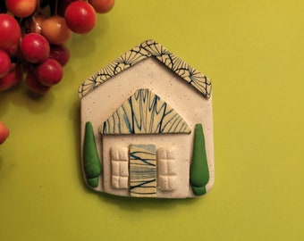 Whimsical Cottage Pin, Tiny House Brooch, Realtor Home House Warming Gift, Artsy Clay Handmade