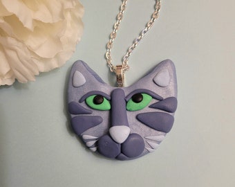 Blue Cat Necklace or Pendant, Tabby Cat Mini Wall Art, Purr-fect Cat Mom Gift, Artsy Clay Handmade
