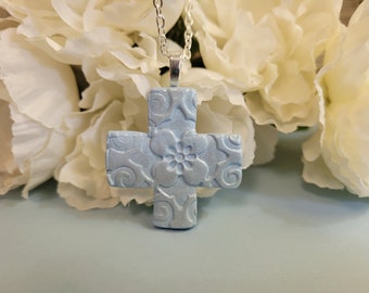 Christian Cross Necklace, Cross Pendant, Cross Ornament, Light Blue Jewelry, Artsy Clay Handmade