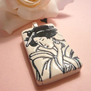 Geisha Face Pendant or Necklace, Japanese Woman, Oriental Jewelry, Black and White, Artsy Clay Handmade image 3