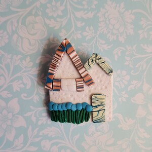 Tiny House Pin, Whimsical Cottage Brooch, One of a Kind, Handmade Polymer Clay
