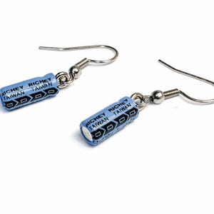 Upcycled Capacitor Geek Earrings, Blue and Black Geek Earrings, Eco Friendly Jewelry, Computer Parts