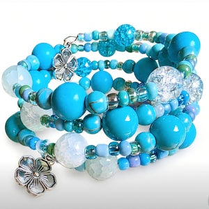 No Clasp Bracelet, Memory Wire, One-of-a-Kind Handmade Beaded Wrap, Teal Turquoise Blue