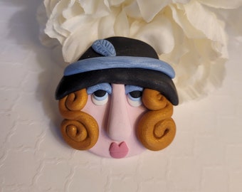 Lady with Blue Hat Pin, Face Brooch, One of a Kind Gift for Mom, Artsy Clay Handmade