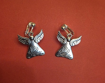 Angel Earrings with Hearts, Clip On Earrings, Guardian Angels