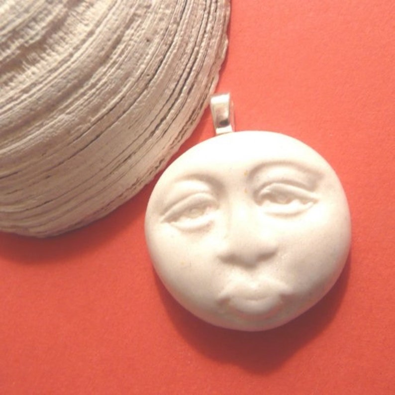 Moon Necklace or Pendant, White Moon Face Jewelry, Celestial Charm, Artsy Clay Handmade image 3