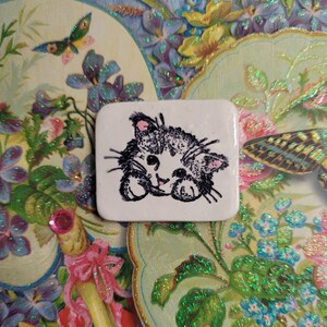 Cute Cat Fridge Magnet, Cat Lover Gift, White Kitty Face, Artsy Clay image 1