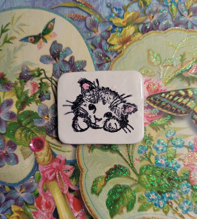 Cute Cat Fridge Magnet, Cat Lover Gift, White Kitty Face, Artsy Clay image 1