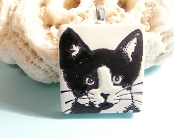 Cat Necklace or Pendant, Tuxedo Cat Face, Black and White Kitty, Cat Enthusiast, Purr-fect Gift, Artsy Clay Handmade