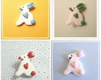 Bunny Pin, Rabbit Brooch, Bunny with a Heart, Choose Your Color, Handmade Polymer Clay