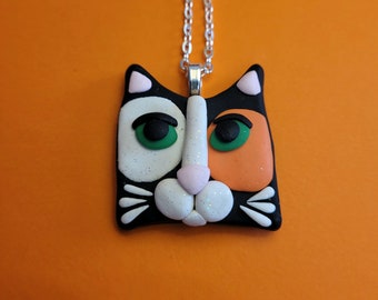 Calico Cat Necklace or Pendant, Black White Orange Cat, One of a Kind, Cat Sitter Gift, Artsy Clay Handmade