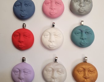 Moon Necklace or Pendant, Choice of Color, Moon Face Jewelry, Lunar Charm, Artsy Clay Handmade