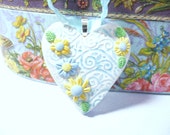 Heart and Flowers Ornament, Wedding Bouquet Charm, Bride Gift, Nature Garden Floral, Hanging Wall Art, White Blue Yellow, polymer clay