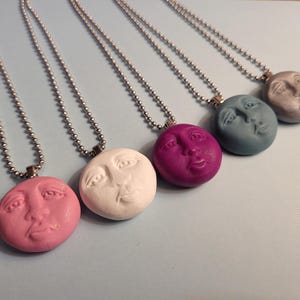 Moon Necklace or Pendant, Choice of Color, Moon Face Jewelry, Lunar Charm, Artsy Clay Handmade