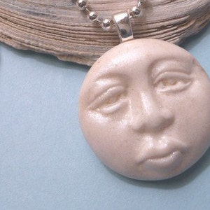 Moon Necklace or Pendant, White Moon Face Jewelry, Celestial Charm, Artsy Clay Handmade image 2