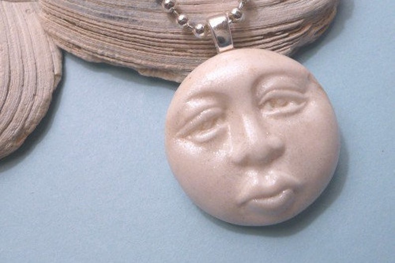 Moon Necklace or Pendant, White Moon Face Jewelry, Celestial Charm, Artsy Clay Handmade image 2