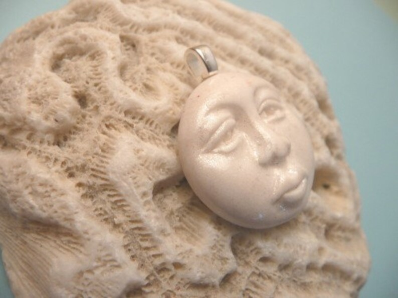 Moon Necklace or Pendant, White Moon Face Jewelry, Celestial Charm, Artsy Clay Handmade image 4