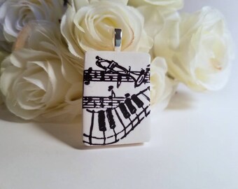 Music Pendant, Optional Necklace, Musician Jewelry, Black and White, Music Notes, Piano Player Gift, Trumpet Music Teacher Gift polymer clay
