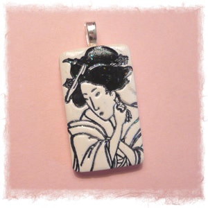 Geisha Face Pendant or Necklace, Japanese Woman, Oriental Jewelry, Black and White, Artsy Clay Handmade image 2