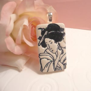 Geisha Face Pendant or Necklace, Japanese Woman, Oriental Jewelry, Black and White, Artsy Clay Handmade image 1