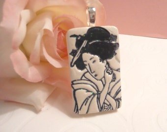 Geisha Face Pendant or Necklace, Japanese Woman, Oriental Jewelry, Black and White, Artsy Clay Handmade