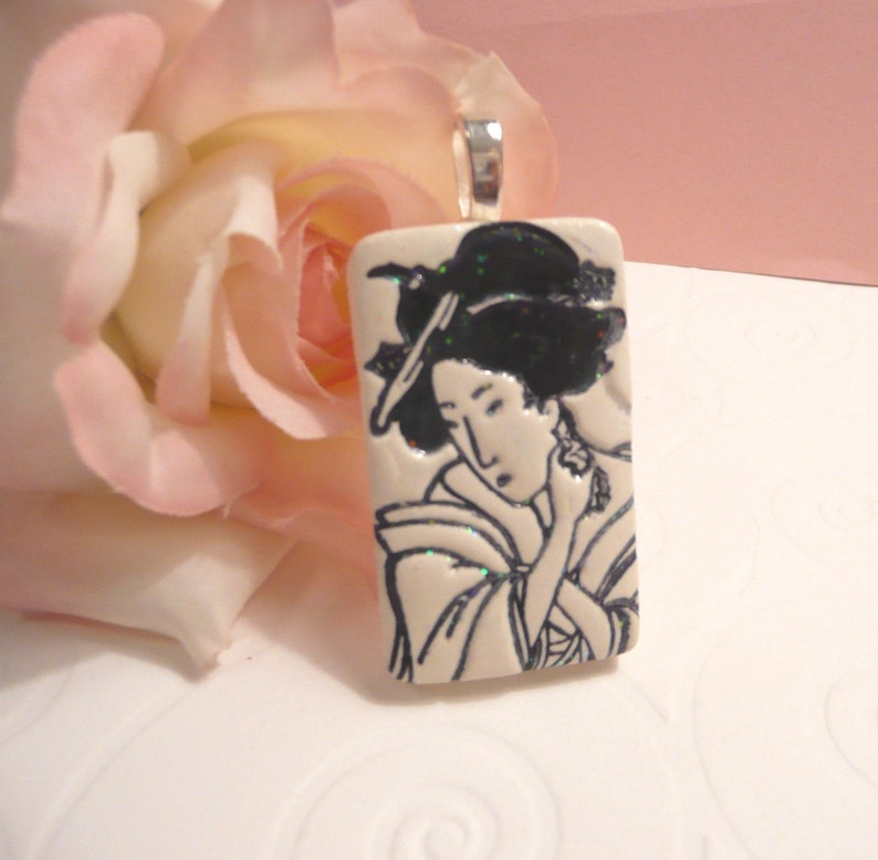 Geisha Face Pendant or Necklace, Japanese Woman, Oriental Jewelry, Black and White, Artsy Clay Handmade image 1