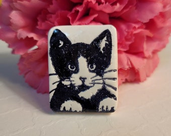 Cute Cat Pin, Tuxedo Cat Brooch, Cat Lovers Gift, Artsy Clay Handmade