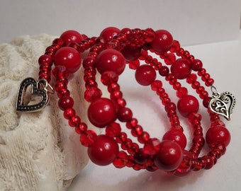 Red Sparkly Bracelet, Wrap Around Memory Wire Beaded Cuff, Artsy Clay Handmade