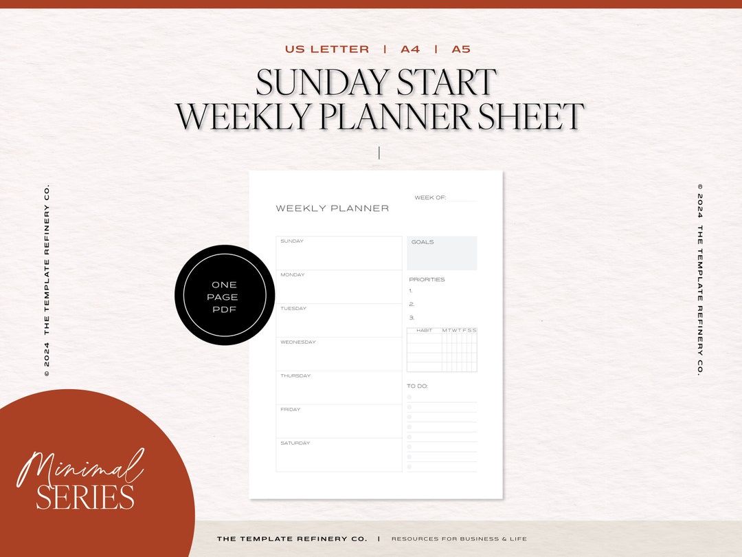 Minimalist Weekly Planner Sheet: Sunday Start (PDF) - Etsy